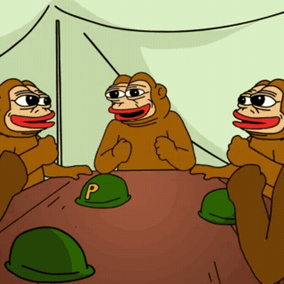 A Group Of Monkeys Are Sitting Around A Table With Green Helmets That Say P GIF