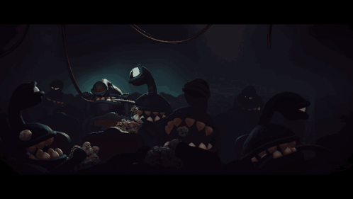 A Group Of Monsters Are Eating Popcorn And Watching A Movie GIF