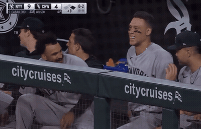 A Group Of Ny Yankees Players Sitting In The Dugout GIF
