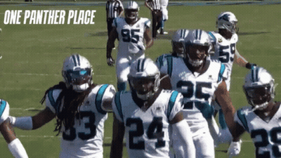 A Group Of Panthers Football Players Standing On A Field GIF