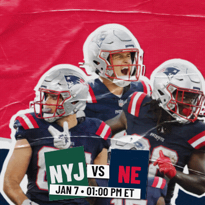 A Group Of Patriots Football Players Holding A Sign That Says Nyj Vs Ne On It GIF