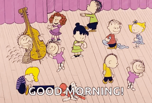A Group Of Peanuts Characters Are Dancing On A Stage With The Words " Good Morning " Written Below Them GIF