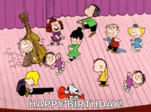 A Group Of Peanuts Characters Are Dancing On A Stage With The Words Happy Birthday GIF