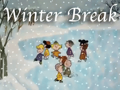 A Group Of Peanuts Characters Are Skating In The Snow With The Words Winter Break Above Them GIF