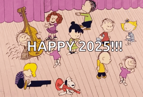 A Group Of Peanuts Characters Dancing On A Stage With The Words Happy 2025 Written Above Them GIF