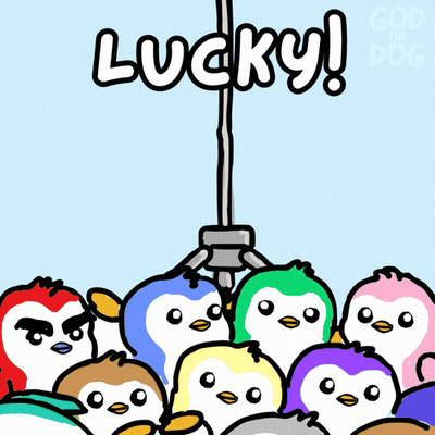 A Group Of Penguins Are Gathered In Front Of A Claw That Says Lucky GIF