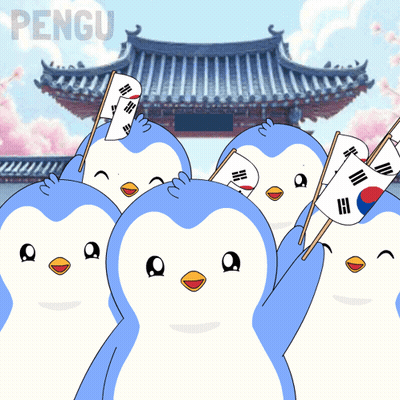 A Group Of Penguins Are Holding Flags In Front Of A Building And The Word Pengu Is On The Bottom GIF