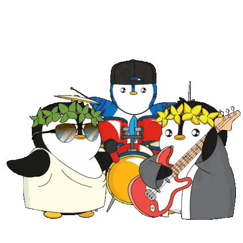 A Group Of Penguins Are Playing Instruments Including A Red Guitar Sticker