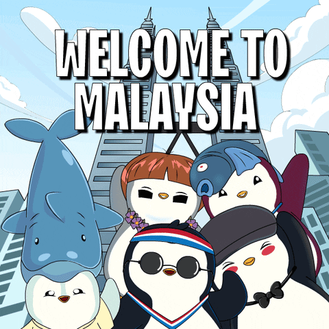 A Group Of Penguins Are Posing For A Picture With The Words Welcome To Malaysia Above Them GIF