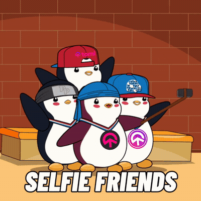 A Group Of Penguins Are Posing For A Selfie With The Words Selfie Friends Below Them GIF