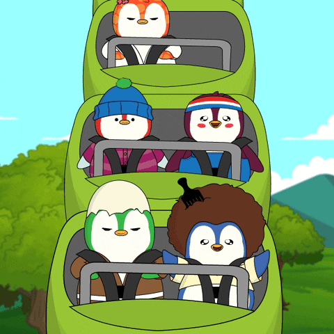 A Group Of Penguins Are Riding A Roller Coaster With Their Eyes Closed GIF