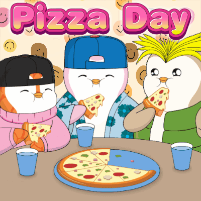 A Group Of Penguins Are Sitting Around A Table Eating Pizza GIF