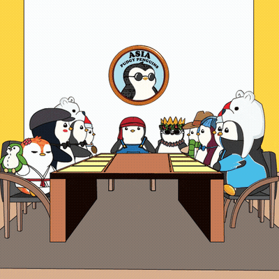 A Group Of Penguins Are Sitting Around A Table With A Logo That Says Asia Fudgey Penguins GIF
