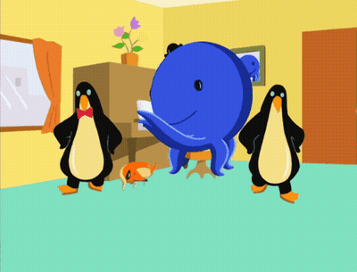 A Group Of Penguins Are Standing Around A Blue Octopus GIF