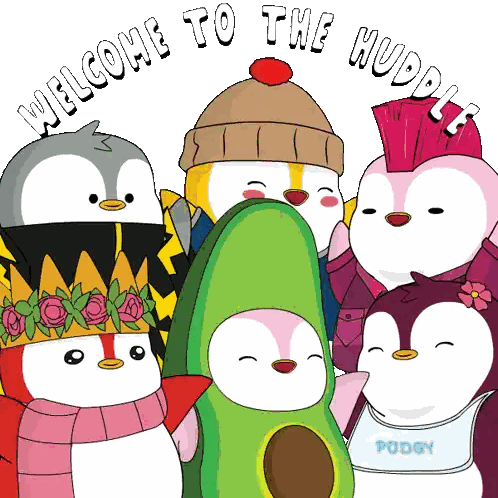A Group Of Penguins Are Standing Around An Avocado With The Words Welcome To The Huddle Written Above Them Sticker