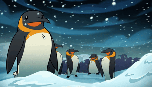A Group Of Penguins Are Standing In A Snowy Field GIF