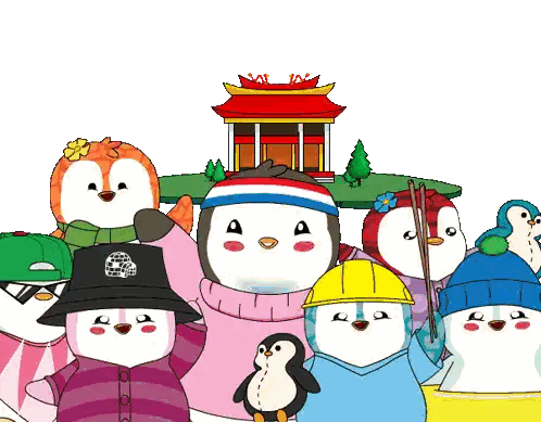 A Group Of Penguins Are Standing In Front Of A Red Building Sticker