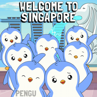 A Group Of Penguins Are Standing In Front Of A Sign That Says " Welcome To Singapore " GIF