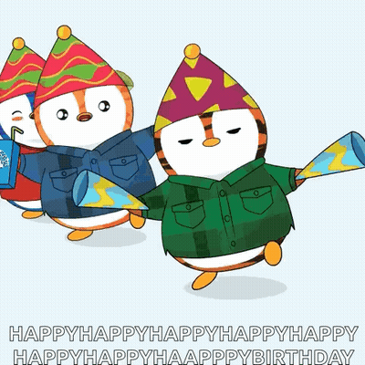 A Group Of Penguins Are Wearing Party Hats And Holding Party Cones GIF