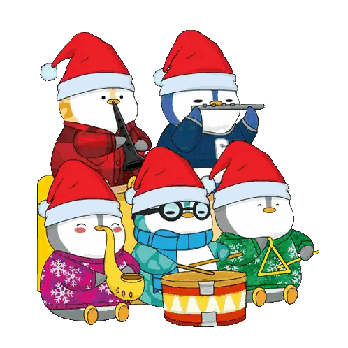 A Group Of Penguins Are Wearing Santa Hats And Playing Musical Instruments Sticker
