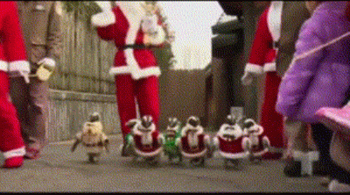 A Group Of Penguins Dressed As Santa Claus Are Walking Down A Street GIF