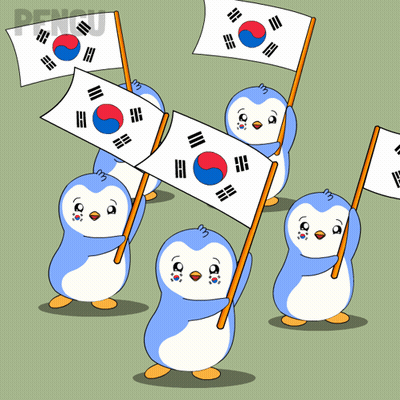 A Group Of Penguins Holding Korean Flags With The Word Pengu On The Bottom Right GIF