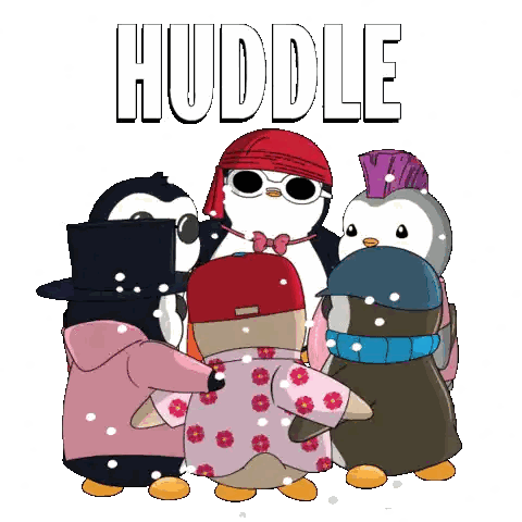 A Group Of Penguins Hugging With The Word Huddle Written Above Them Sticker