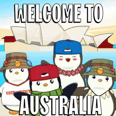 A Group Of Penguins Standing In Front Of The Opera House With The Words Welcome To Australia On The Bottom GIF