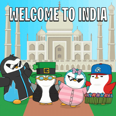 A Group Of Penguins Standing In Front Of The Taj Mahal With The Words Welcome To India Written On The Bottom GIF