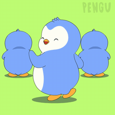 A Group Of Penguins Standing Next To Each Other With The Word Pengu In The Background GIF
