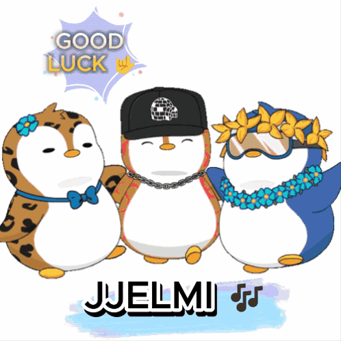 A Group Of Penguins Standing Next To Each Other With The Words Good Luck Written Above Them GIF