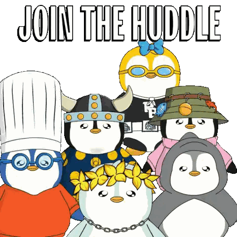 A Group Of Penguins Standing Next To Each Other With The Words " Join The Huddle " Above Them Sticker