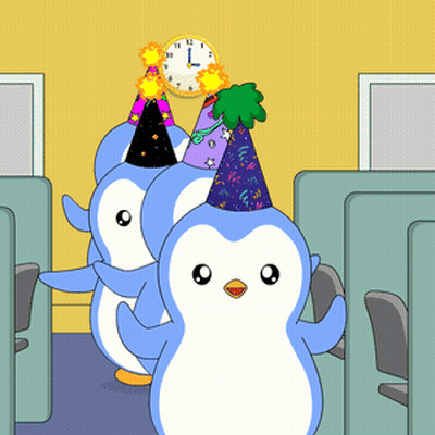 A Group Of Penguins Wearing Party Hats Are Standing In Front Of A Clock That Says L. GIF