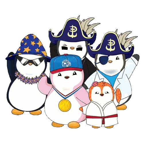 A Group Of Penguins Wearing Pirate Hats And A Medal Sticker
