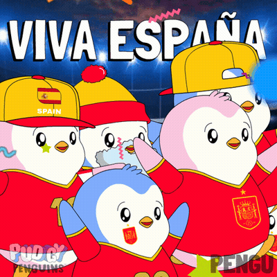A Group Of Penguins Wearing Red Shirts And Hats With The Words Viva Espana Written Above Them GIF