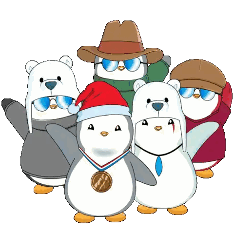 A Group Of Penguins Wearing Sweaters And Hats Including One Wearing A Medal Sticker