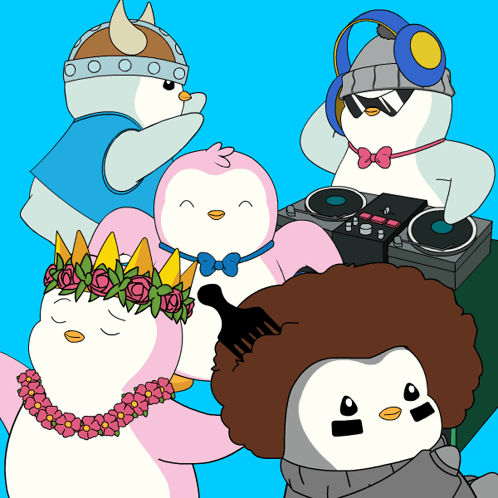A Group Of Penguins With One Wearing Headphones GIF