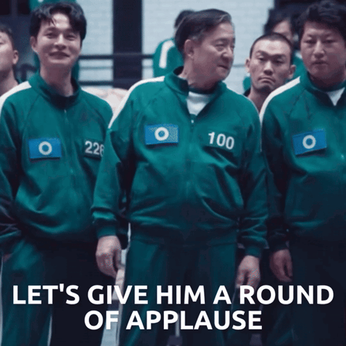 A Group Of People Applauding With The Words Let 'S Give Him A Round Of Applause Below GIF