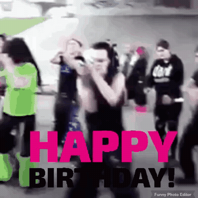 A Group Of People Are Dancing And The Words Happy Birthday Are Visible GIF