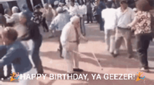 A Group Of People Are Dancing In A Crowd With The Words Happy Birthday Ya Geezer GIF