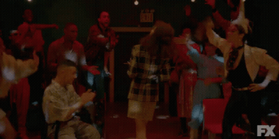 A Group Of People Are Dancing In A Dark Room In Front Of An Fx Logo . GIF