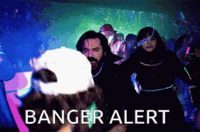 A Group Of People Are Dancing In A Dark Room With Banger Alert Written On The Bottom Right GIF
