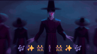 A Group Of People Are Dancing In A Dark Room With Music Notes Surrounding Them GIF