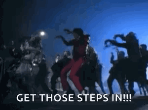 A Group Of People Are Dancing In A Dark Room With The Words `` Get Those Steps In !!! '' GIF