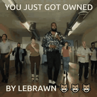 A Group Of People Are Dancing In A Hallway And The Caption Says You Just Got Owned By Lebrawn GIF