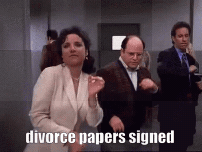 A Group Of People Are Dancing In A Hallway With The Words Divorce Papers Signed Above Them GIF