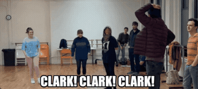A Group Of People Are Dancing In A Room With The Words Clark Clark Clark Written On The Bottom GIF
