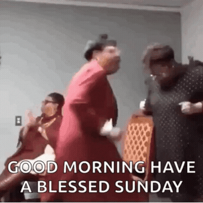 A Group Of People Are Dancing In A Room With The Words `` Good Morning Have A Blessed Sunday '' Written On It . GIF