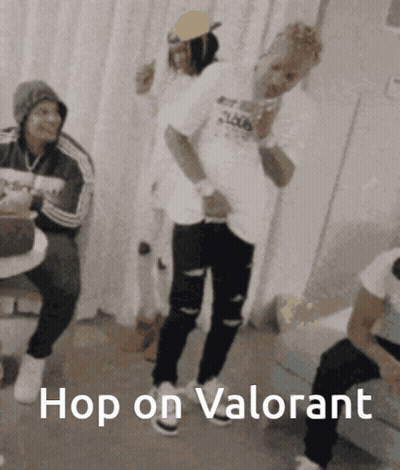 A Group Of People Are Dancing In A Room With The Words Hop On Valorant Above Them GIF
