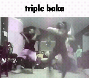 A Group Of People Are Dancing In A Room With The Words Triple Baka On The Top GIF